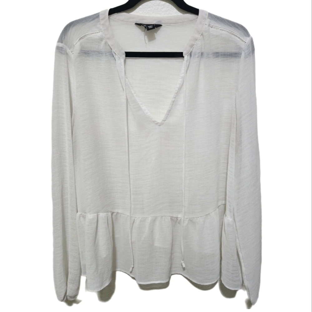 NEW LOOK MATERNITY White V-Neck Peplum Blouse Sheer Gauzey Fabric Size 14
